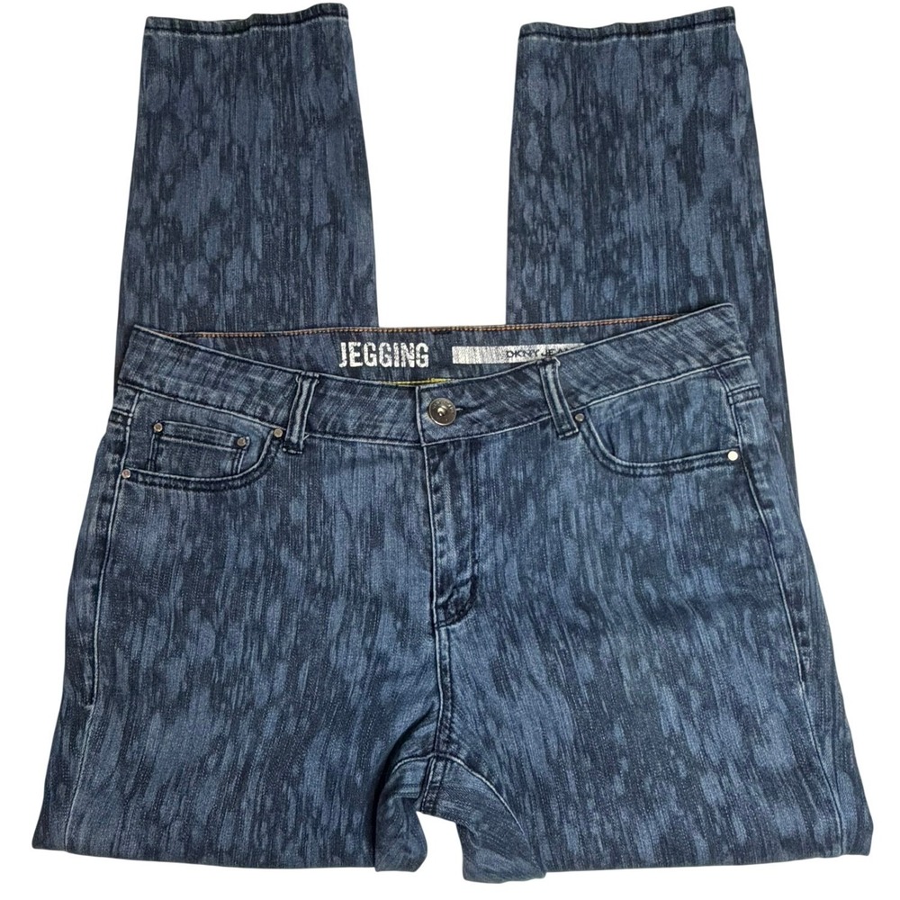 DKNY JEANS Jegging Women 14 Blue Abstract Acid Wash Print Stretch Denim Tapered